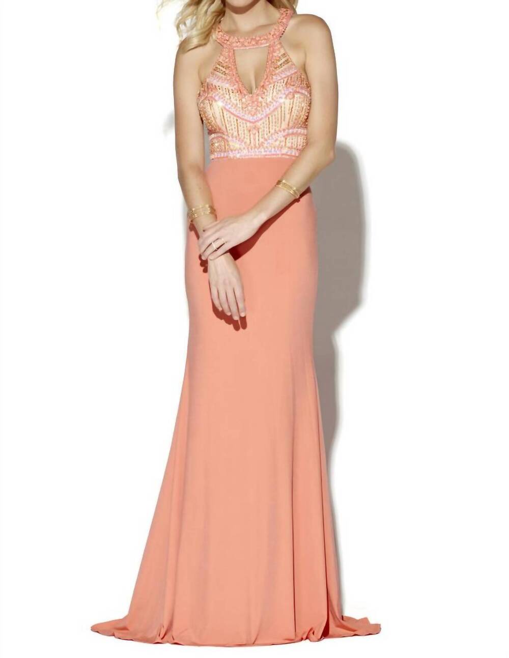 NEW JOSH & JAZZ jewel embellished jersey prom dress in coral/nude